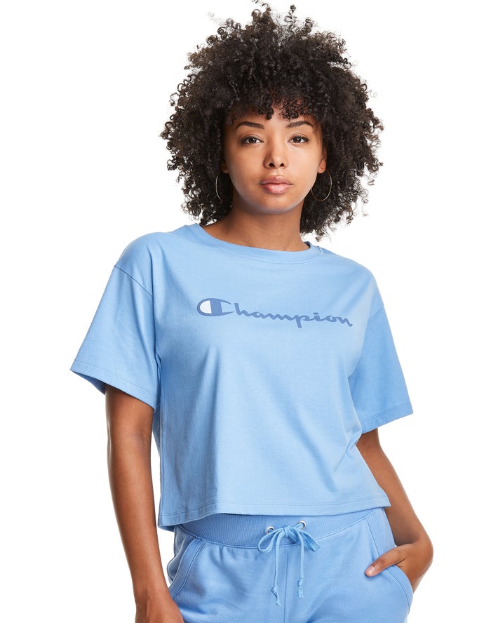 Champion Cropped Script Logo T-Shirt Dames - LichtBlauw - Belgie 3087XJEVS